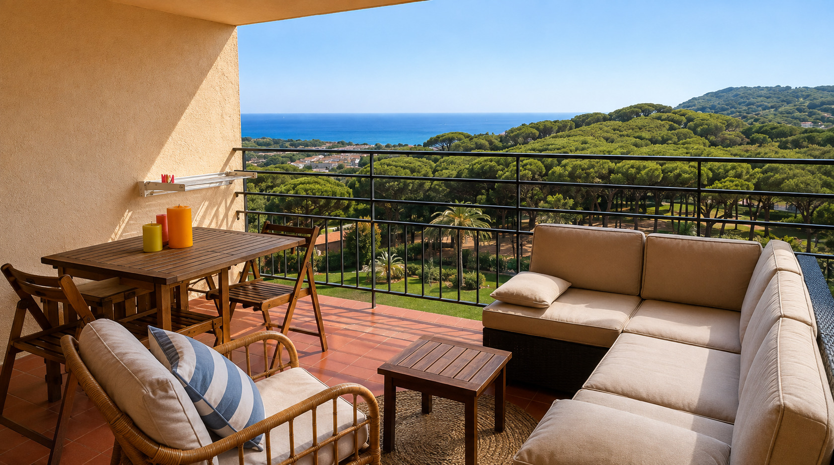 Terrasse de l'appartement avec canapé et table, ouverte sur les pins et la mer Méditerranée