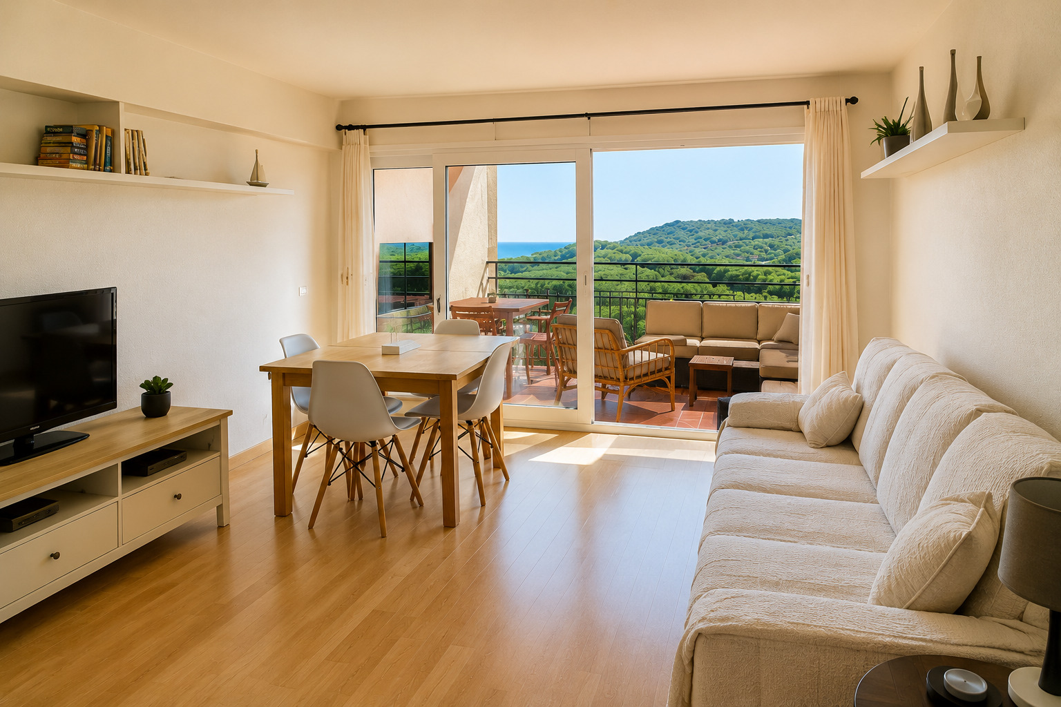 Séjour clair avec table à manger et canapé, ouvert par une baie vitrée sur la terrasse